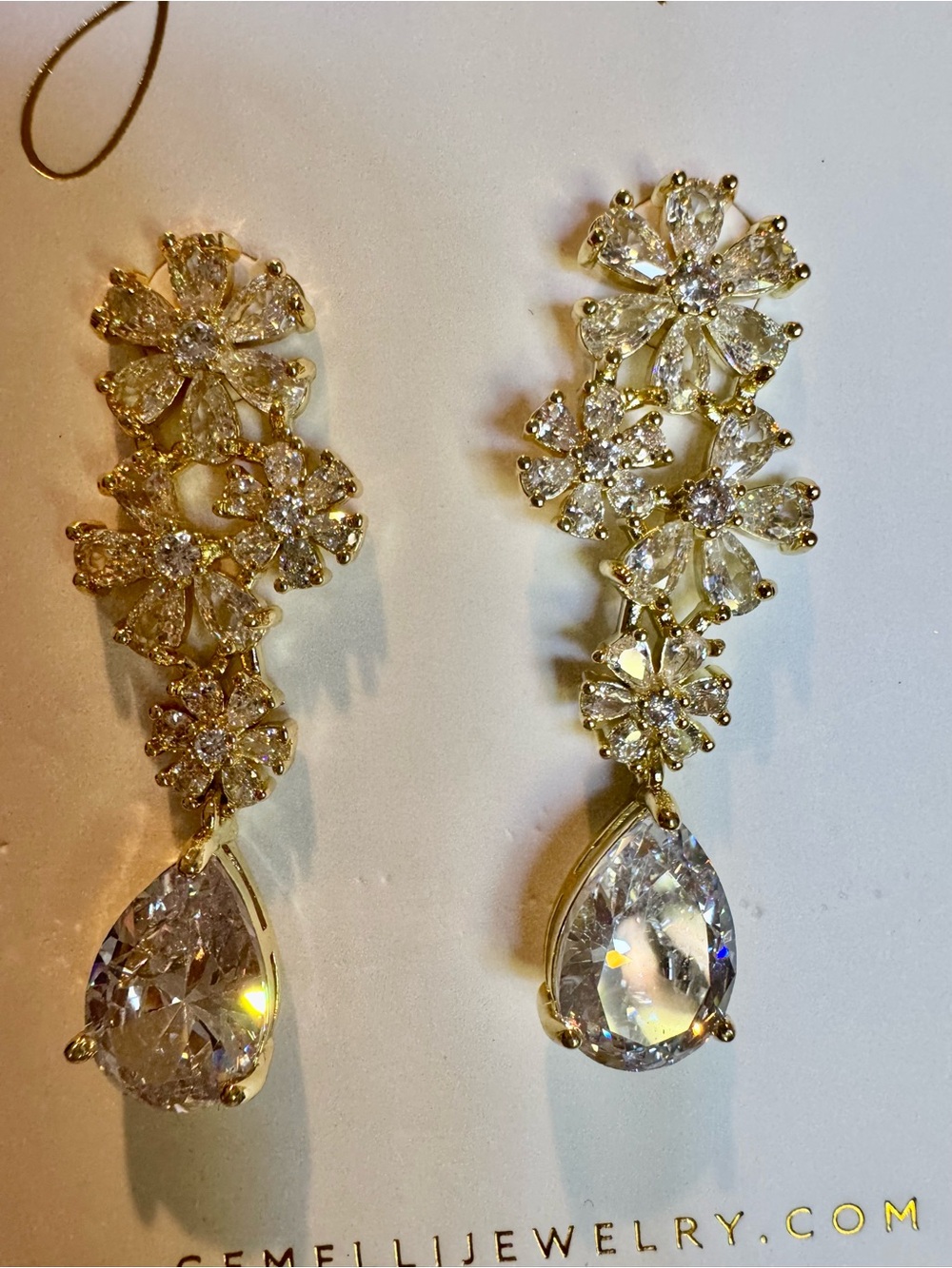 Gemelli Gold Drop Earrings with Clear Crystals - Picture 5 of 5